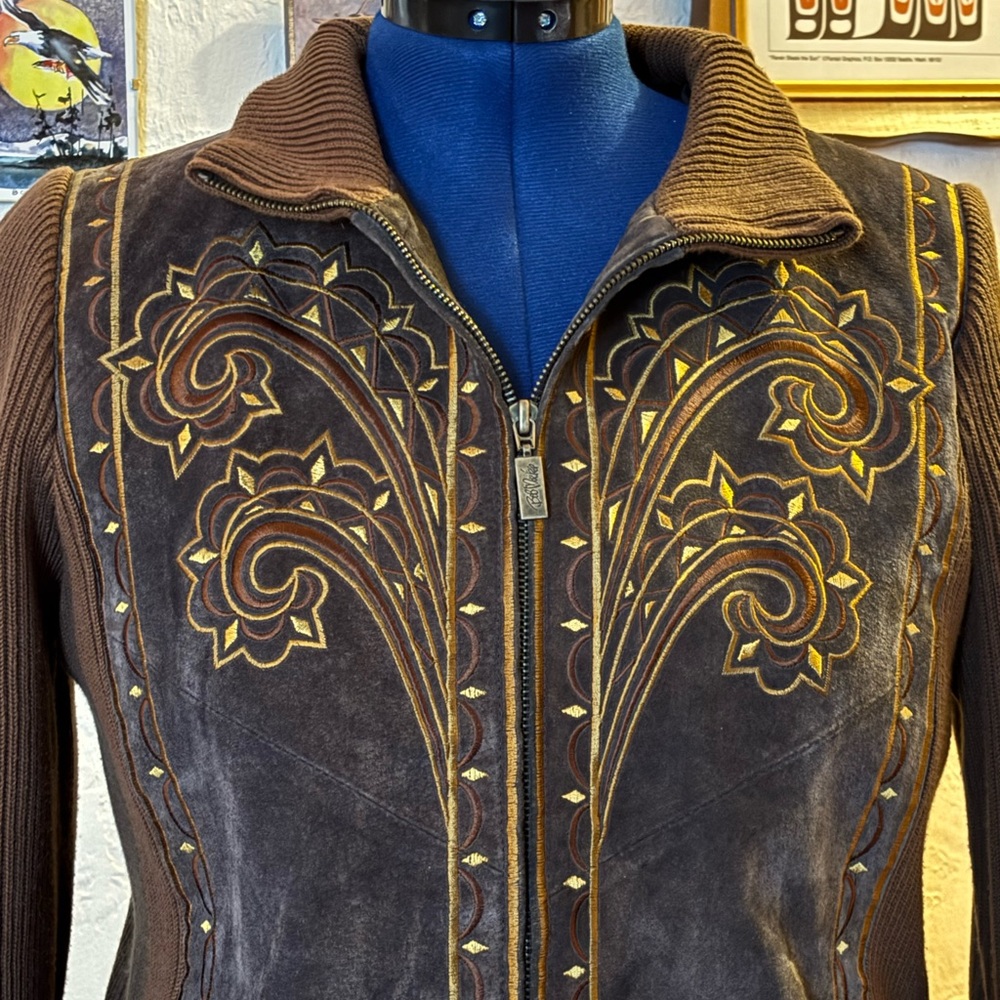 Bob Mackie Vintage Brown Leather Jacket with Gold Embroidery Size Small - Picture 2 of 12